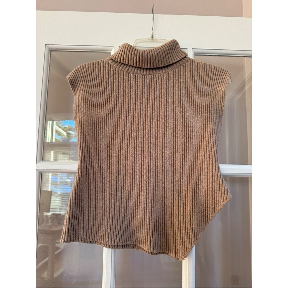 Cider Camel Brown Wool-Blend Knit High Neck Solid Asymmetrical Vest